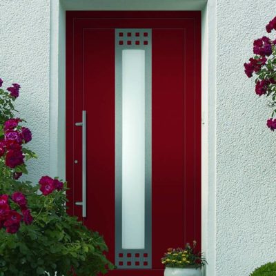 Haustür rot mit Milchglas